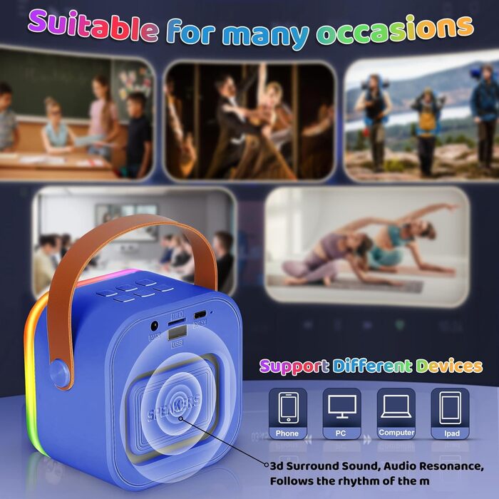 Караоке машина Spinosaurus для дітей з 2 мікрофонами, Bluetooth, LED-підсвічуванням. Ідеально для подарунків, свят та дня народження (темно-синій)