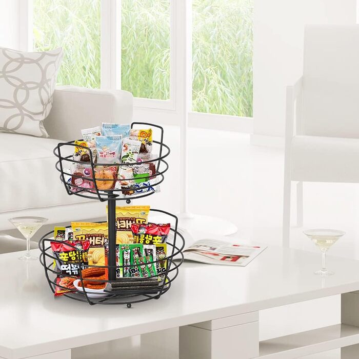 Металева підставка для фруктів та овочів на 2 яруси з гачком для бананів - чорна