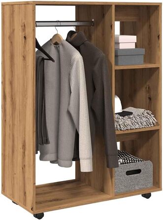 vidaXL Wardrobe with Open Compartment, 3 Side Shelves, Wheels, Coat Rack, Wardrobe, Bedroom, Closet, White 80x40x110cm Wood-Based Material (Handcrafted Oak)