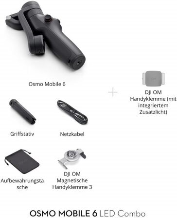 Стабілізатор DJI Osmo Mobile 6 для iPhone/Android, 3-осьовий, з розсувним штативом, відстеження об'єкта, для vlogging, YouTube, TikTok (Сірий, з кріпленням для телефону DJI OM з вбудованим світлом)