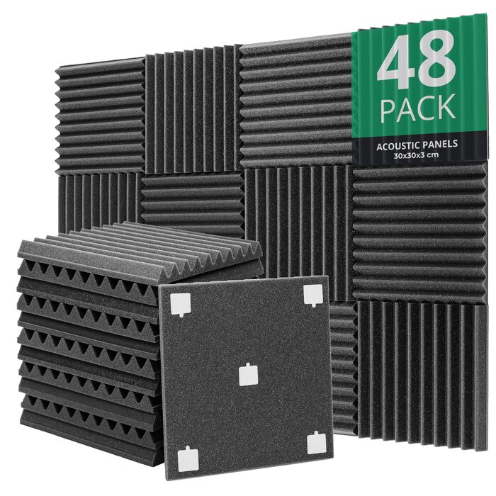 Акустичні панелі для звукоізоляції стін, 48 шт, 30x30x3 см, шумопоглинаючий поролон для студії звукозапису, антрацит (сірий), з клеєм
