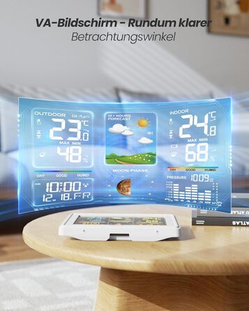 Метеостанція бездротова BALDR з зовнішнім датчиком, колірний дисплей, годинник DCF, термометр/гігрометр для внутрішнього та зовнішнього використання, прогноз погоди, барометр, фази місяця, білий блок живлення