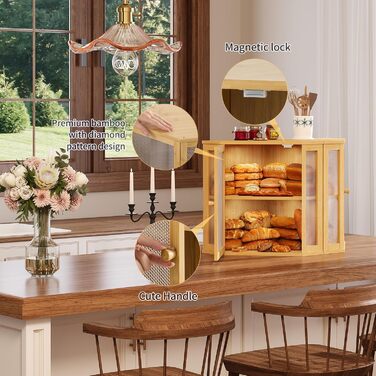 Бак для хліба на кухонну стільницю Eck, контейнер для домашнього хліба, двошаровий, великий бамбуковий контейнер для кухні з вікном (Білий, середній)