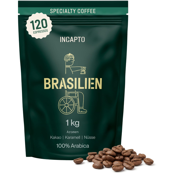 Спеціальна кава в зернах Incapto Single-Origin Brasilien, 100% Арабіка, Espresso Specialty Coffee (SCA 84), обсмажена традиційним способом, Мінас-Жерайс, 1 кг