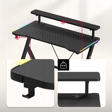 Ігрова стіл Huzaro чорний з RGB LED підсвіткою та надбудовою для геймера