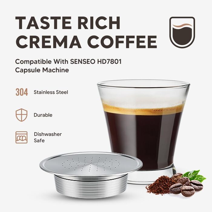 Buziba Coffee Capsules, Reusable Stainless Steel Coffee Pad Filter, Refillable, Capsule Spoon, Brush Set for Senseo HD7801 Coffee Machine Accessories