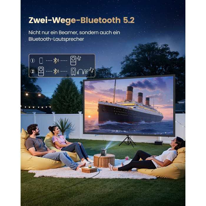 Mini проєктор Beamer 4K з WiFi 6, Dolby Audio та підтримкою Netflix | 1080P Full HD, інтегровані додатки, автоматичне фокусування, вертикальна корекція трапецеїдальних спотворень, короткофокусний, сріблясто-сірий