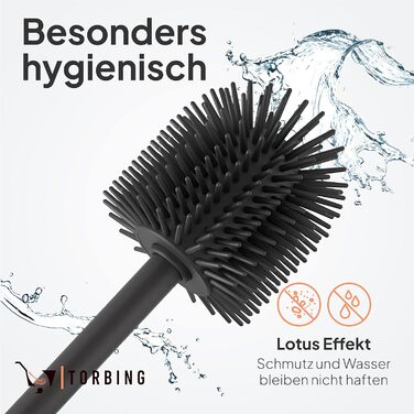 Тойлетний щітка TORBING Design з нержавіючої сталі з закритим тримачем - щітка для унітазу з силікону з ефектом лотоса - сучасний дизайн, елегантні кольори, подовжений ручка (Brushed Steel Silver)