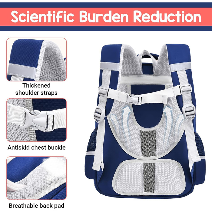 Шкільний рюкзак для хлопчика IvyH, 2-5 клас, 20 літрів. Ергономічний дитячий рюкзак для початкової школи, водонепроникний, 8-12 років, темно-синій/червоний