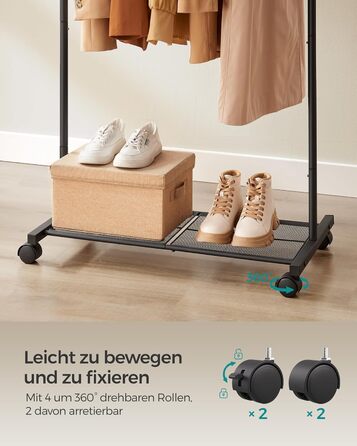 SONGMICS Clothes Rack, Rolling Garment Rack, Metal Wardrobe Stand, Rolling Wardrobe 91 cm wide, with Shelf, 2 Wheels with Brake, Rod Load Capacity up to 40 kg, HSR025A01 (Black, 74x40.5x158cm)