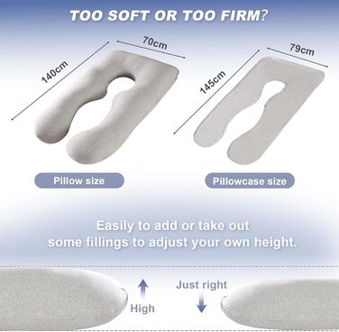 Подушка для вагітних Avmvnvc U-подібної форми, велика, для сну на боці, знімний чохол з джерсі (сірий)