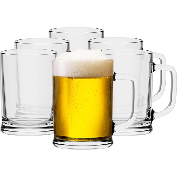 TREND FOR HOME Beer Stein Set of 6, 0.5 Liter with Comfortable Handle, Glass Mug 0.5 Liter Beer Glass, Beer Stein, Beer Glasses 0.5 Beer Mug, Beer Maßkrug Glass Beer Steins Maßkrug Transparent | Ulf