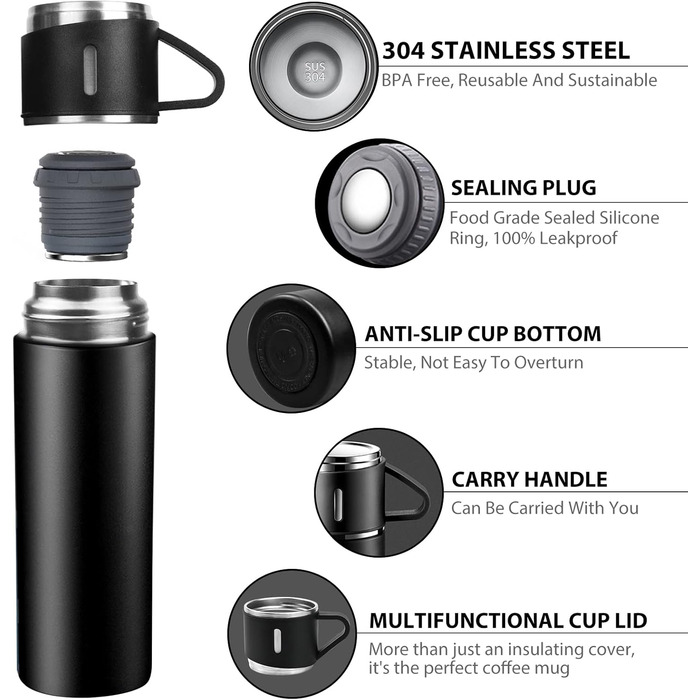 Stainless Steel Thermos Flask with Cup and Handle - 500ml Insulated Travel Mug, Leak-Proof, Double-Walled, Vacuum Insulated, Hot/Cold for Kids, Sports (Black)