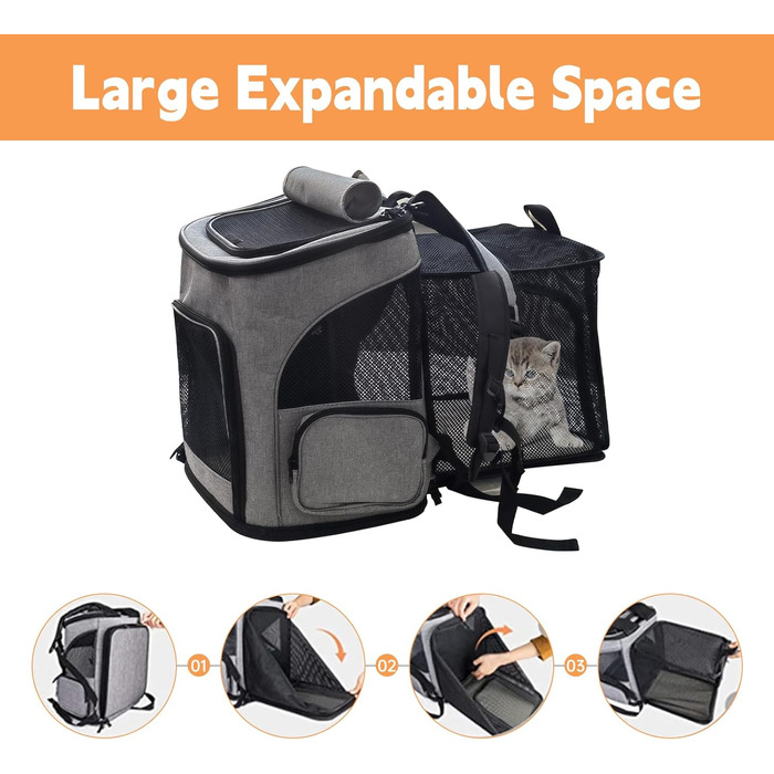 Рюкзак для тварин: переноска для собак та котів до 10 кг, сірий. Зручна, розширювана, з 2 матами.