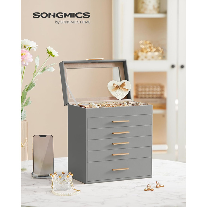 Скринька для прикрас SONGMICS з 3 ярусами, з кришкою з скла, 2 висувні ящики, органайзер для ювелірних виробів, великий об'єм, сучасний дизайн, подарунок для коханих, білий + золотий (6 ярусів, 16,3T x 25,1B x 29H cm), сірий + золотий