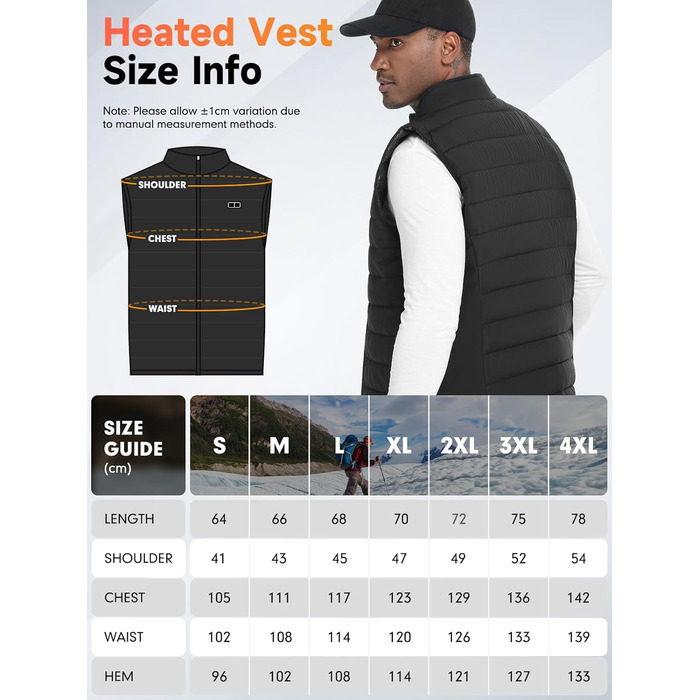 Обогріваючий жилет, жилет з підігрівом для жінок та чоловіків, тепла куртка з акумулятором, куртка з підігрівом з Powerbank, 7.4V/5.0V куртка з 3 рівнями налаштування температури, 6 зон обігріву, теплий жилет, зимова куртка, водонепроникний одяг з акумулятором, чорний - 10000mAh 5V Powerbank