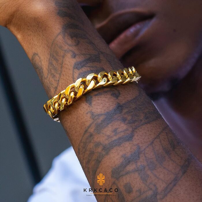 Чоловічий браслет KRKC&CO, кубинське плетиво, 18 мм, Miami Iced Out, кубинське панцерне з'єднання, 18-каратне золото, міцний, Urban Streetwear, браслет у стилі хіп-хоп для чоловіків (Golden-12mm, 19.0 см)