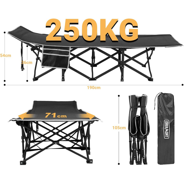 Розкладне ліжко Overmont для кемпінгу - туристичне ліжко 190 x 71 x 36 см, до 250 кг, Oxford 2400D з кишенею, сумка для перенесення (чорний)