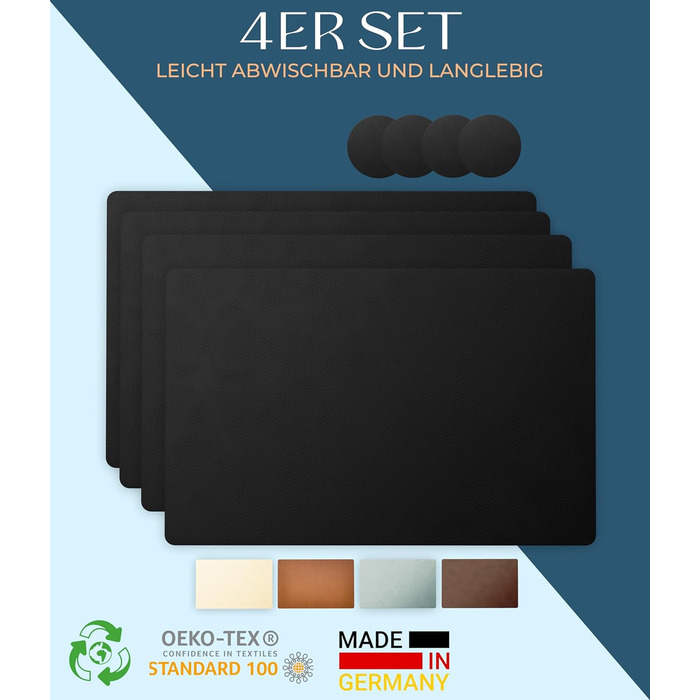 Table Placemats Washable 4-Pack – Sustainable, Stable & Non-Slip – High-Quality Recycled Leather, Made in Germany (Black)