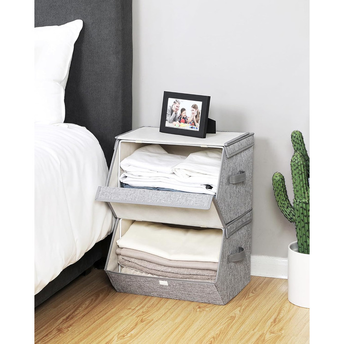 SONGMICS Storage Box, 2-Piece Set, Folding Box, Stackable Fabric Box with Magnetic Flip Lid, Metal Frame, 38 x 26.5/35 x 25, Grey-Beige RLB02GY