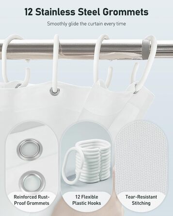 Шторка для душу Uniclife, біла, 180x180 см, тканинна, водонепроникна, з 12 гачками, з обтяженим краєм, для ванни