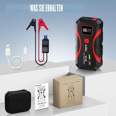 Бустер для автомобіля Starthilfe Powerbank 2000A 12V: пусковий пристрій (джампер старт) з LCD-екраном та LED-ліхтарем для авто та мотоциклів (до 7л бензин / 4л дизель)