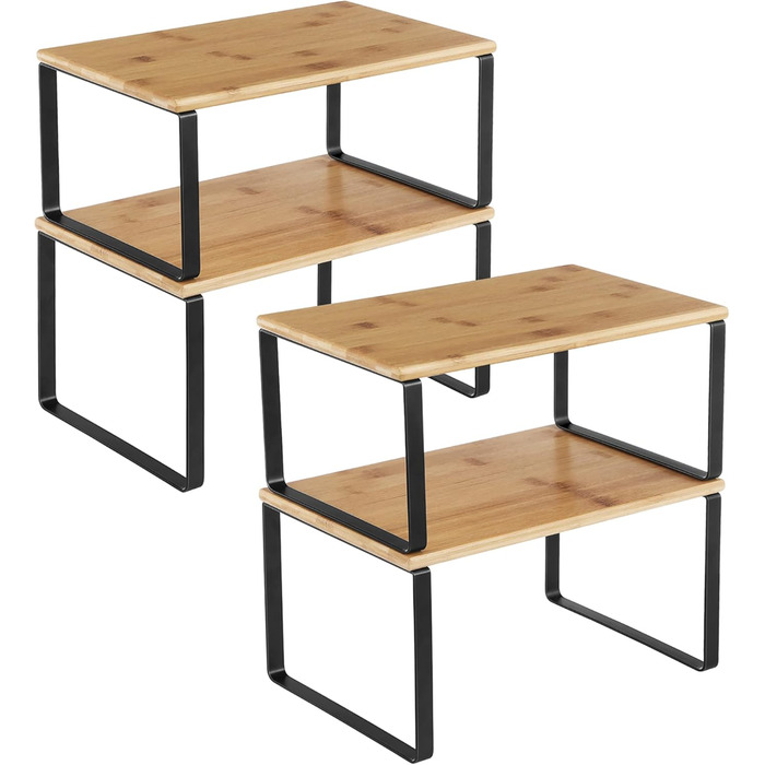 SONGMICS Spice Rack, 4-Piece Set, Kitchen Shelf, Kitchen Organizer, Expandable, Spice Holder, Stackable, with Metal Frame, 19.5 x 29.7 x 15.8 cm, Ink Black-Natural Beige KCS10NB