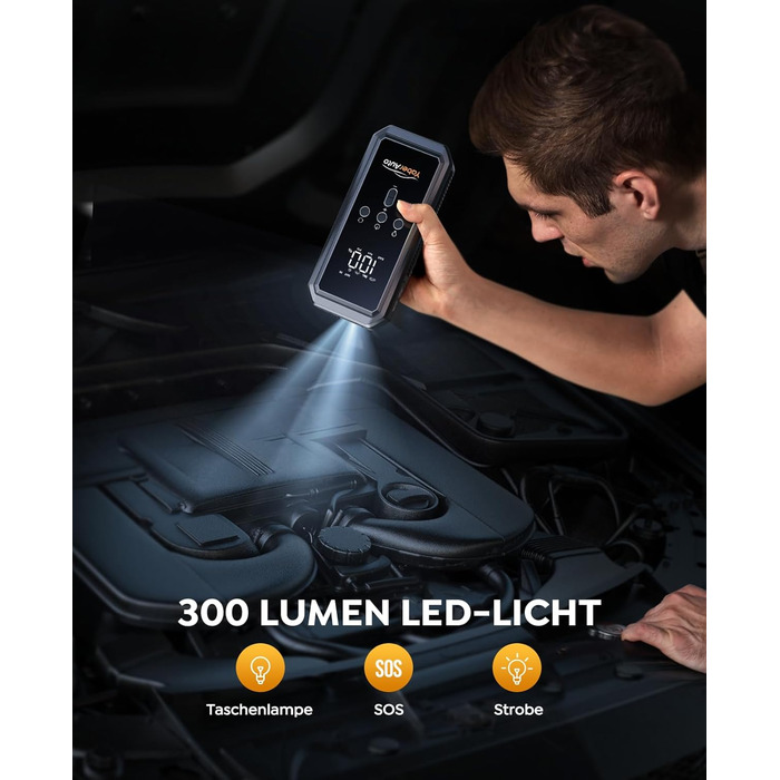 Портативний пусковий пристрій YaberAuto YA70 з компресором 150 PSI, акумулятором 21800 mAh та світлодіодним ліхтарем 300 люменів. 4-в-1: пусковий пристрій, павербанк, компресор та ліхтар з LCD екраном.