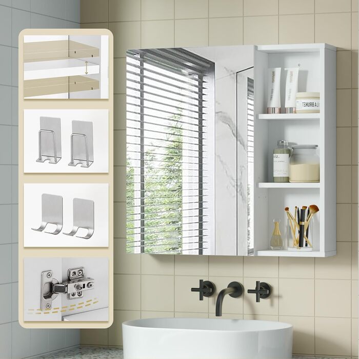 Bathroom cabinet with mirror, mirror cabinet for the bathroom wall-mounted with toothbrush holder and adjustable shelves, ventilation design, 65 x 15 x 65 cm, White