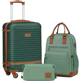 COOLIFE Suitcase Trolley Case Travel Suitcase made of ABS Hard Shell Trolley with 4 Wheels and TSA Lock. The suitcase includes 1 Travel Backpack and 1 Toiletry Bag (White/Brown, Large 3-Piece Suitcase Set) (Carry-on 3-Piece Set, Dark Green/Brown)