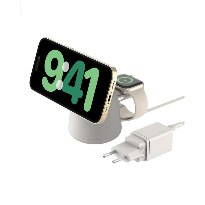 Belkin BoostCharge Pro 2-в-1: Бездротова зарядка Qi2 15W MagSafe для iPhone, Apple Watch, AirPods – Пісочний колір