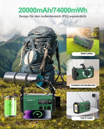 Радіо Kurbelradio 20000mAh сонячне з ручним заводом, AM/FM, SOS, LED-ліхтарик, USB зарядка для телефону, аварійне живлення, зелений