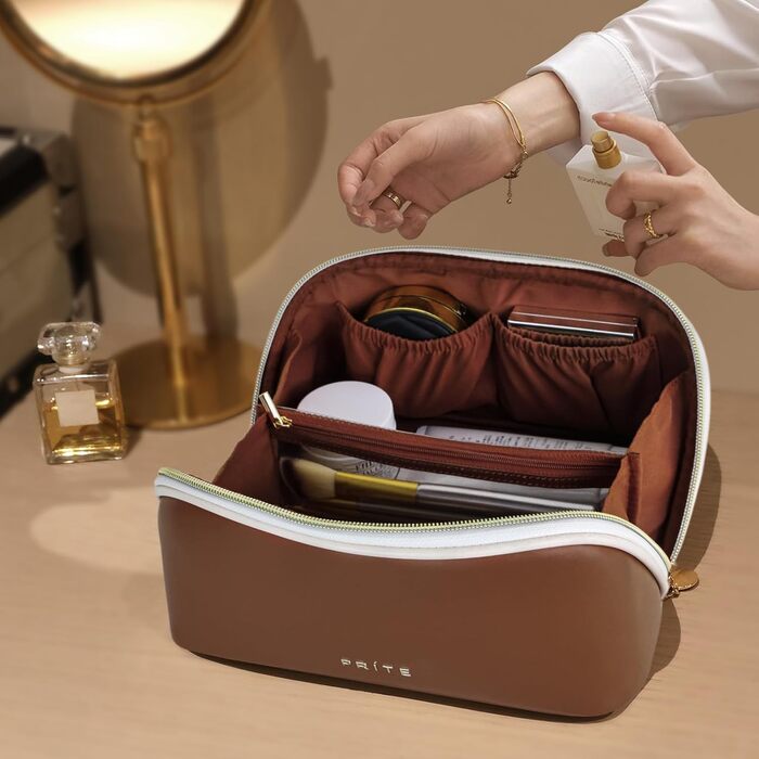 Косметичка велика містка для подорожей, водонепроникна з PU-шкіри, з прозорими роздільниками та ручкою (M, темно-коричнева)