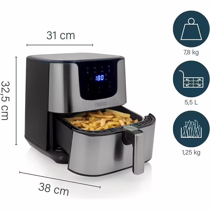Princess Hot Air Fryer XXL with 5.5 Liter – 62.2% less energy consumption – Digital Airfryer Deluxe – 8 programs – Stainless steel – Oil-free – Aerofryer 182060, Silver STANDARD DESIGN 5.5L