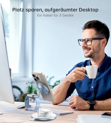 3-в-1 Індукційна зарядка для декількох пристроїв: iPhone 15/14, iWatch, AirPods, білий (блакитний)