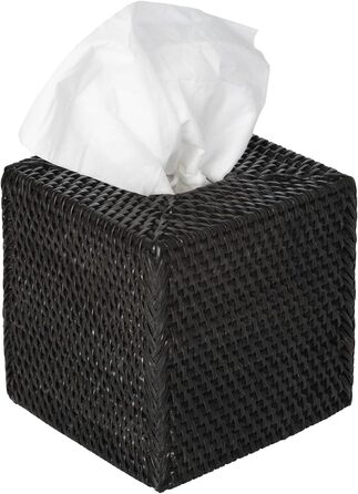 Loma Tissue Box Cover, Square, Rattan, Black