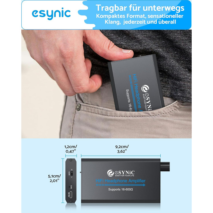 eSynic Підсилювач для навушників HiFi – портативний, з акумулятором 1000mAh, для MP3/MP4/Smartphone/PC, 16-600 Ом, 3.5mm AUX, алюмінієвий корпус