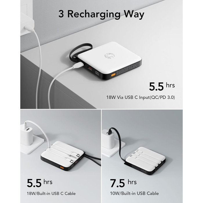 Power Bank VRURC 20000mAh з кабелем USB-C 22.5W QC3.0 – портативний акумулятор для iPhone, Huawei та смартфонів (білий)