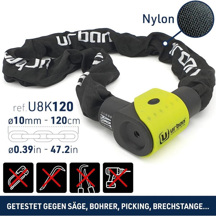 Ланцюговий замок для мотоцикла Urban Security 10K120 ART3, Ø10 мм, 120 см, для мотоциклів, моторолерів, електросамокатів