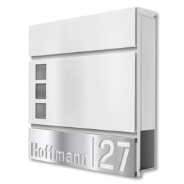 Поштова скринька Metzler Svena з нержавіючої сталі (RAL 9007) та іменним шильдиком, біла. З газетницею та вікном. Розмір: 37x37x10.5 см