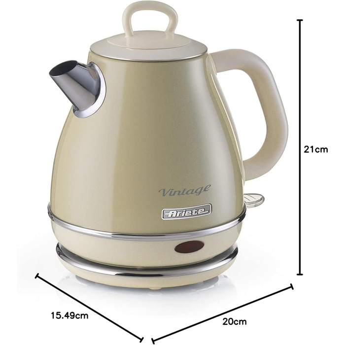 Електричний чайник Ariete Vintage 2868, Бежевий, 1 літр, 1600W, з бездротовим основанням, автоматичне відключення, нержавіюча сталь