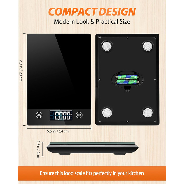 Цифрова кухонна вага з нахиленим дисплеєм, скло, точна 1г, функція тарування, водонепроникна 10кг, сенсорний екран, з батарейками - чорний