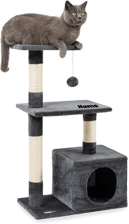 Lionto Scratching Post for Cats with Cave and Plush Ball incl. Bell, Height 85 cm, Cat Tree with Sisal & Plush, Cozy Resting Areas & Cave, Suitable for Small & Large Cats, (Dark Grey (with name tag))
