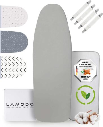 Чохол для прасувальної дошки 120x40 см, 100% бавовна, для парової праски, посилена підкладка, гумка та фіксатор, світло-сірий, однотонний