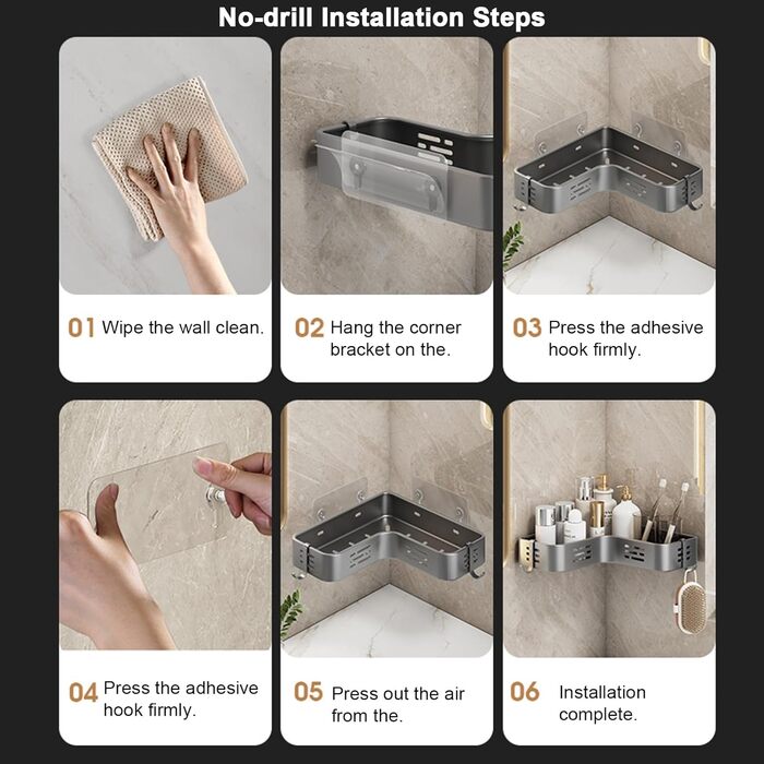 Поличка для душу без свердління, кутова, для ванної кімнати, органайзер, з 2 гачками (біла)