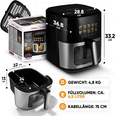 Аерофритюрниця ProfiCook 6,5 л, без олії, 9 програм, 1700 Вт, сенсорний дисплей, нержавіюча сталь, XXL, модель 2024