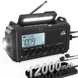 Радіо на механічній ручці з сонячною панеллю та Powerbank 12000mAh | FM/AM/SW радіо для екстрених ситуацій, зарядка USB-C, SOS-сигнал, ліхтарик та лампа для читання | Водонепроникне, портативне радіо для кемпінгу, туризму, чорне