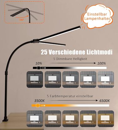 LED лампа для столу Doppelkopf з регулюванням яскравості, 24W, 80см, для дому/офісу, денне світло, лампа сови, кріпиться на стіл (чорний)