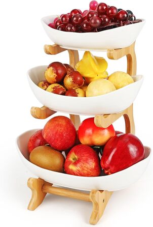 Керамічна етажерка для фруктів Diealles з 3 ярусами, бамбуковий підставник, для сім'ї, стабільна, сумісна з овочами та снеками