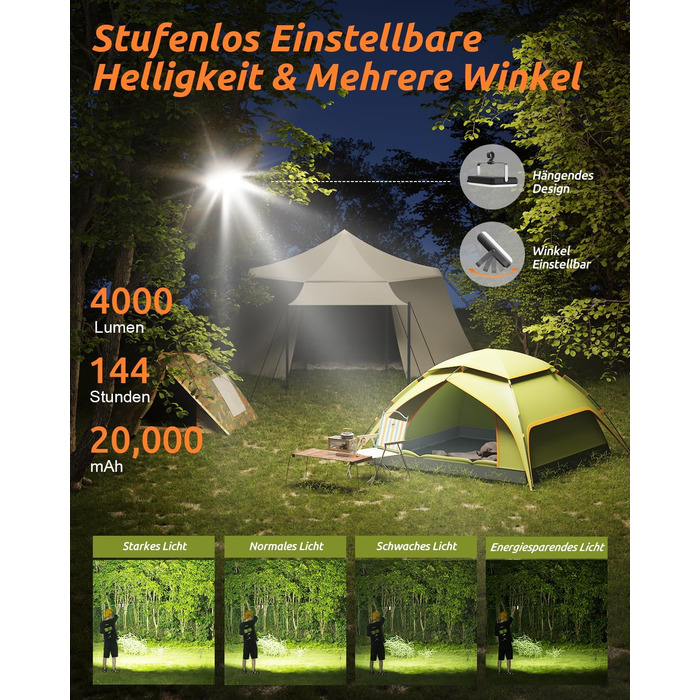 Eventek LED Camping Lantern 4000LM, 20000mAh Power Bank USB Rechargeable Tent Lamp up to 144 Hours, IPX5 Waterproof Camping Lamp with 4 Light Modes for Reading, Tent, Fishing, Blackout